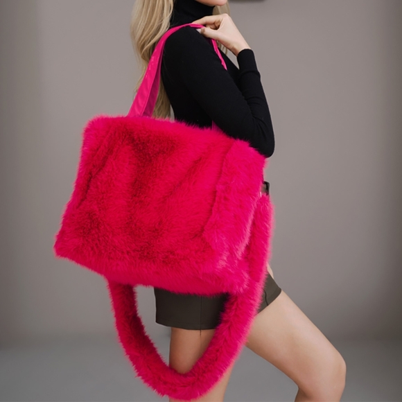iFashionBox Handbags - Hot Pink Fur Oversized Bag Purse Large Tote Shoulder Handbag Womens Accessory